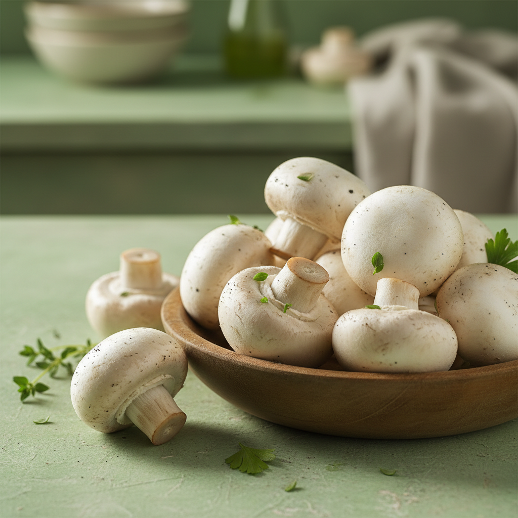 Fresh Button Mushrooms with greenish background